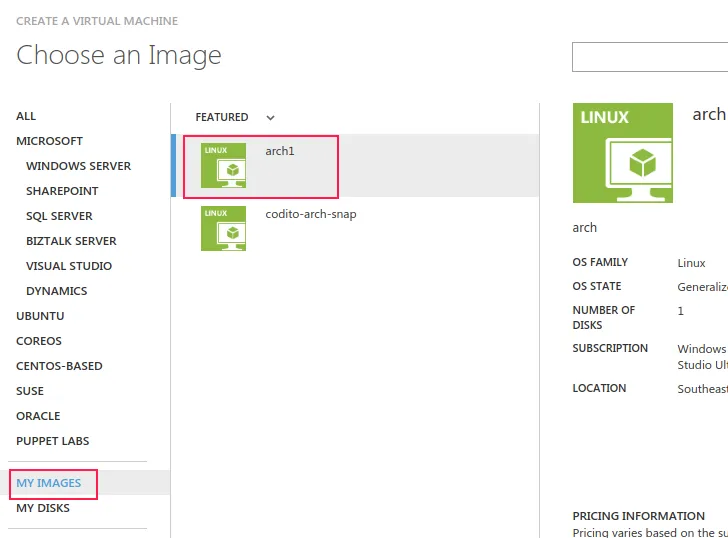 choose vm image in azure